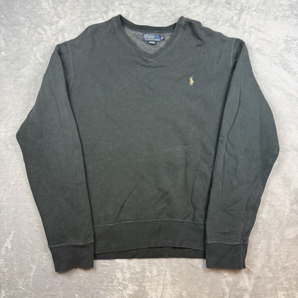 Polo Ralph Lauren V-Neck Sweatshirt XL Faded Black Gray Yellow Pony Logo